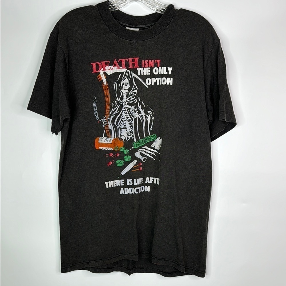Vintage Stedman Black Grim Reaper Drug Free Addiction Tshirt Large